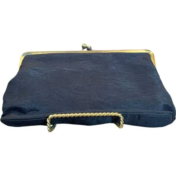 Vintage Black Clutch Gold Frame Kiss Clasp Women's Formal Bag Satin Finish - Picture 3 of 16